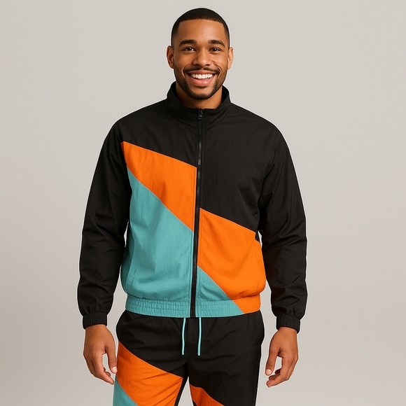 Jogger Color Block Nylon Set  Sz Medium Blue, Black & Orange PTP:22" - Picture 1 of 11